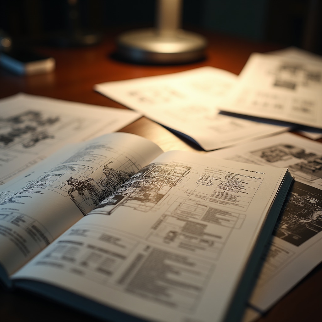 Documentazione tecnica automotive su scrivania con schede e manuali